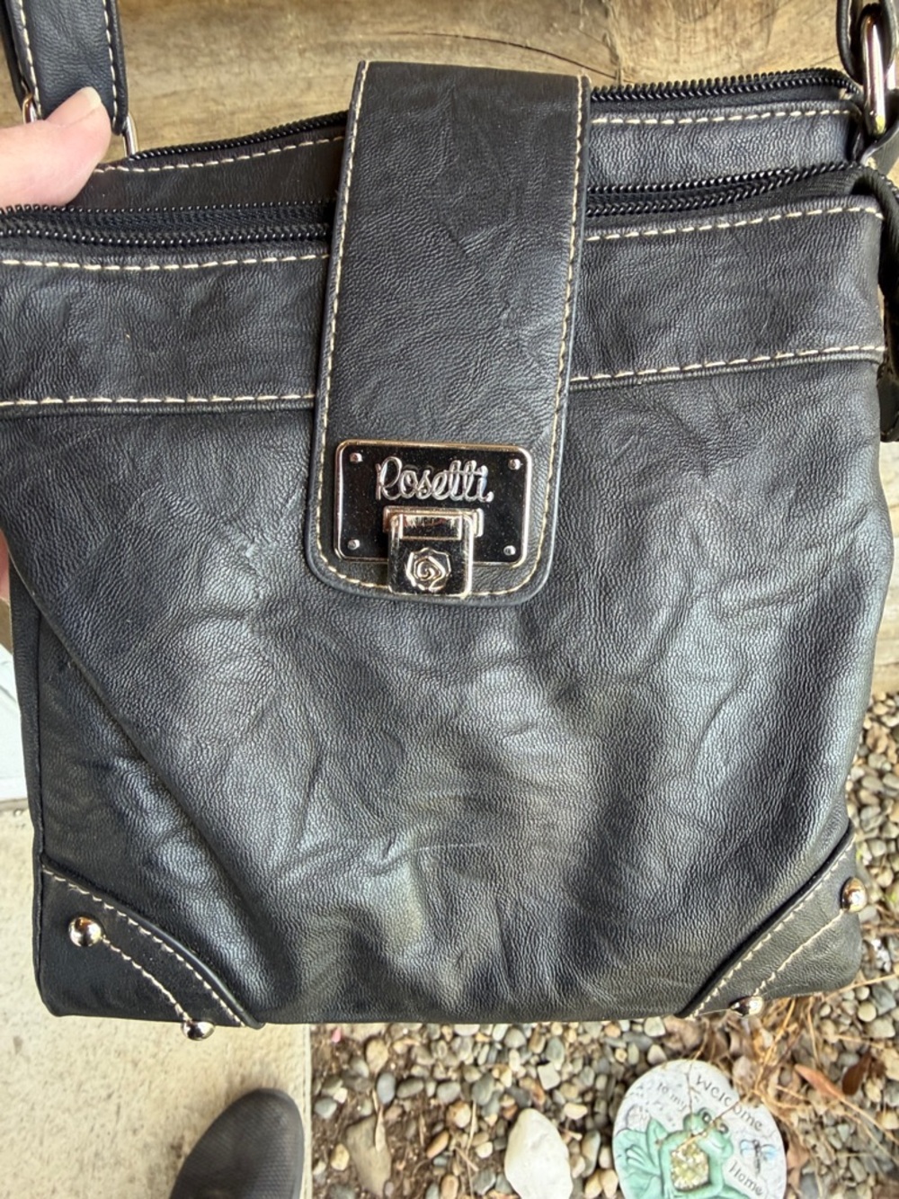 Rosetti Black Faux Leather Crossbody with Cream Topstitching